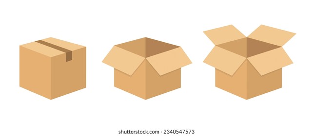 Collection of cardboard box mockups. Shipping carton open and closed box with breakable signs. Set closed and open cardboard boxes. Vector illustration