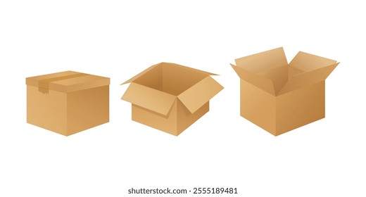 Collection of cardboard box mockups. Shipping carton open and closed box with breakable signs