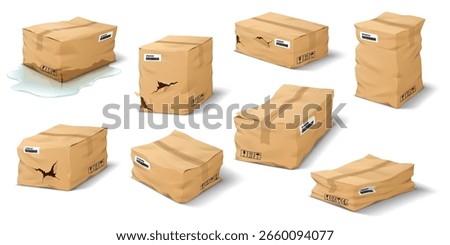 Collection of cardboard boxes in different damaged states. Wrinkled and torn with labels visible. Presents concept of shipment issues on white background.