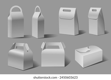 A collection of cardboard boxes mockups in realistic 3d design. Black and white image with boxes of different shapes, for sweets, cosmetics, gifts on a gray background. Vector illustration.
