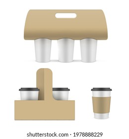 Collection cardboard coffee cup holders realistic vector illustration. Set of paper package for carrying takeaway hot beverages isolated. Recycle takeout containers with handle for mobility delivery