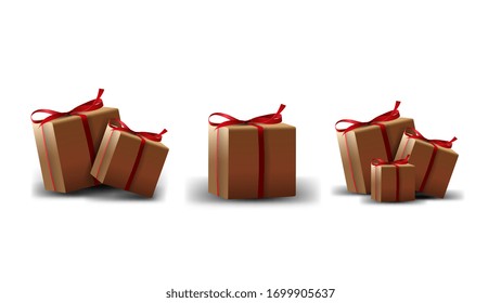 A collection of cardboard gift boxes with red ribbon isolated on a white background for your creativity