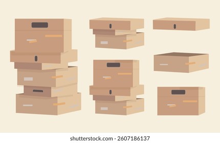 A collection of cardboard moving boxes in various arrangements, representing office resignation, job quitting, relocation, or downsizing.