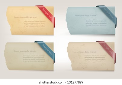 Collection of cardboard paper banners with ribbons. Vector