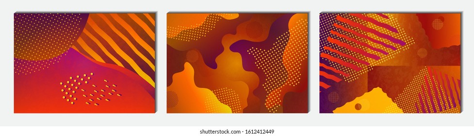 Collection of cards. Abstract geometric composition with decorative wavy shapes, triangles, rectangles, lines and dots. Modern background for your design. Vector illustration