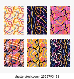 Sammlung von Karten mit abstrakten Nudelhintergründen mit lebendigen Wellenlinien. Kreative verspielte geometrische Kunst. Bunte Spaghetti und Ramen-Designs.