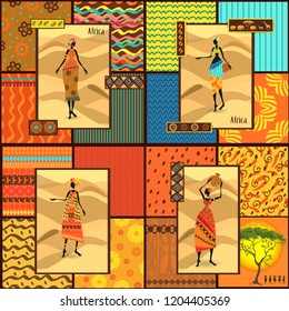 collection cards with African girl dressed in a decorative and set seamless texture