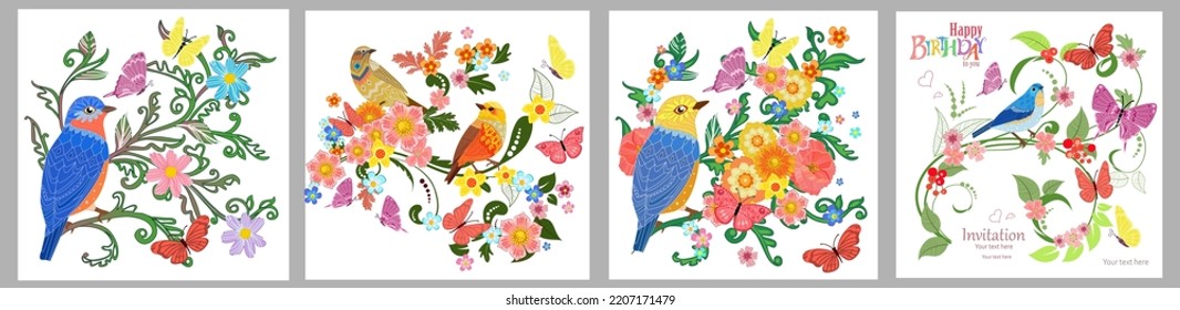 A collection of cards with birds on floral arrangements. Foliage ornament with a blue bird. An avian couple on a branch with ornate leaf, flowers surrounded by flying butterflies. Swirl foliage twigs