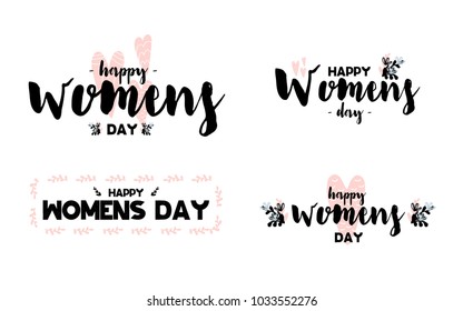 Collection Cards with calligraphy lettering happy womens day. Vector illustration with bouqets and hearts isolated on white background. Can be used as card, postcard, gift, poster, banner, logo