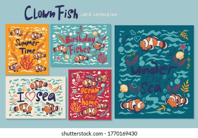 Collection of cards with clown fish and various inscriptions. Vector graphics.