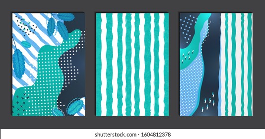 Collection of cards. Creative universal wavy pattern with floral and geometric elements in pastel colors, striped background. Trendy graphic design for banner, poster, card, cover, invitation, brochur