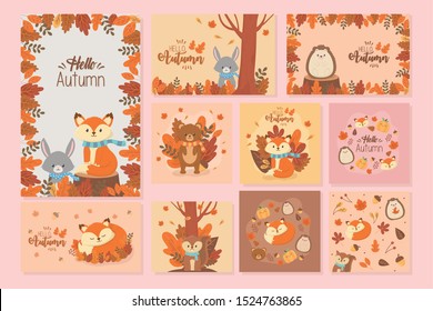 collection cards cute animal hello autumn season design
