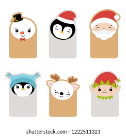 Collection of cards with cute cartoon characters head. Christmas theme.