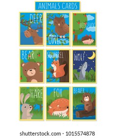 Collection of cards with cute forest animals, vector illustrations with owl, bear, hedgehog, deer, squirrel, wolf, hare, fox, beaver, design element for banner, flyer, greeting card, cartoon style