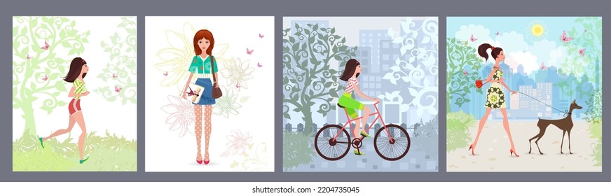 Collection of cards with elegant young women. Attractive woman running in a park. A female standing with a magazine. A sport lady riding a bicycle in a city. Cityscape with walking girl with a dog.