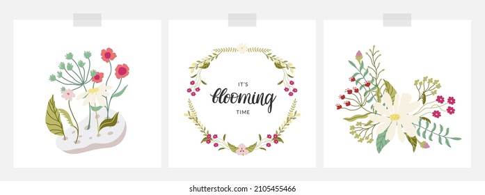 Collection Of Cards With Floral Decorations - In Ikebana Vase, In Bouquet, Floral Frame. Flat Hand Drawn Pretty Vector Illustrations. Isolated On White.