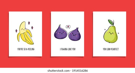 Collection of cards with fruits, berries and funny phrases. Set of illustrations with cute fruits - banana, figs and pear
