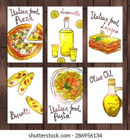 Collection Of Cards With Italian Food. Hand Drawn Watercolor Banners With Pizza, Pasta, Lasagna, Biscotti, Olive Oil And Limoncello On Wooden Background