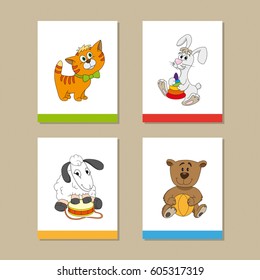 Collection of cards for kids. Vector illustration of animal cartoon character. Perfect design elements for children book, banners, leaflet