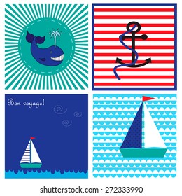 Collection with cards in marine style with while, ship and anchor. Some cards have text in french "Bon voyage". In english means "Have a good trip".