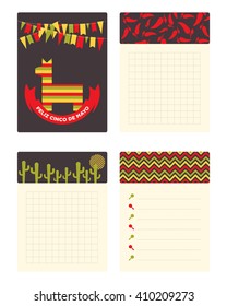 Collection of cards and notes with Mexican ornament illustrations. Templates for scrapbooking, notebooks, diary, school accessories celebrating Cinco de Mayo.