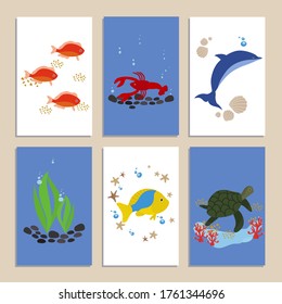 Collection of cards on the sea theme. Fish, seaweed, cancer, Dolphin, turtle. Vector illustration, in the style of hand drawing. Isolated on a white background.