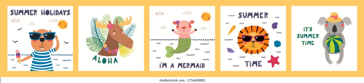 Colección de tarjetas, afiches con lindos animales divertidos haciendo actividades de verano, texto. Ilustración vectorial dibujada a mano. Diseño plano de estilo escandinavo. Concepto de vacaciones para niños imprimir, invitar, banner.