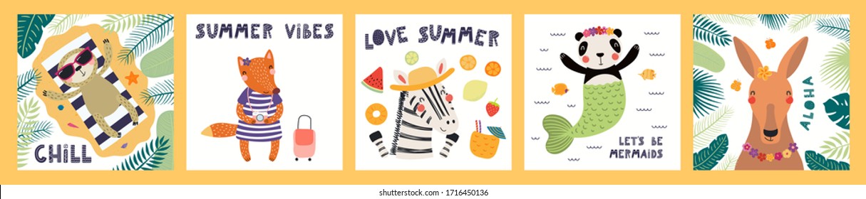 Collection of cards, posters with cute funny animals doing summer activities, text. Hand drawn vector illustration. Scandinavian style flat design. Concept for children holidays print, invite, banner.