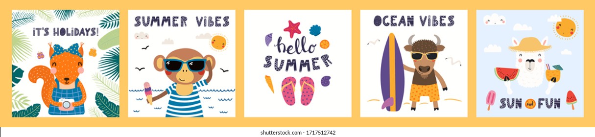 Collection of cards, posters with cute funny animals doing summer activities, text. Hand drawn vector illustration. Scandinavian style flat design. Concept for children holidays print, invite, banner.