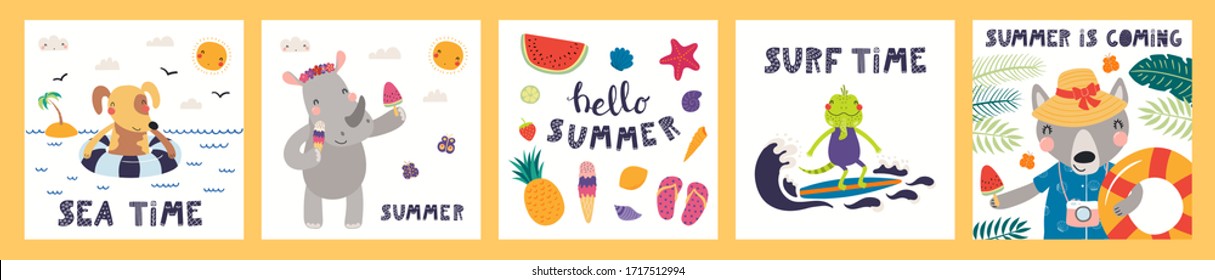 Collection of cards, posters with cute funny animals doing summer activities, text. Hand drawn vector illustration. Scandinavian style flat design. Concept for children holidays print, invite, banner.