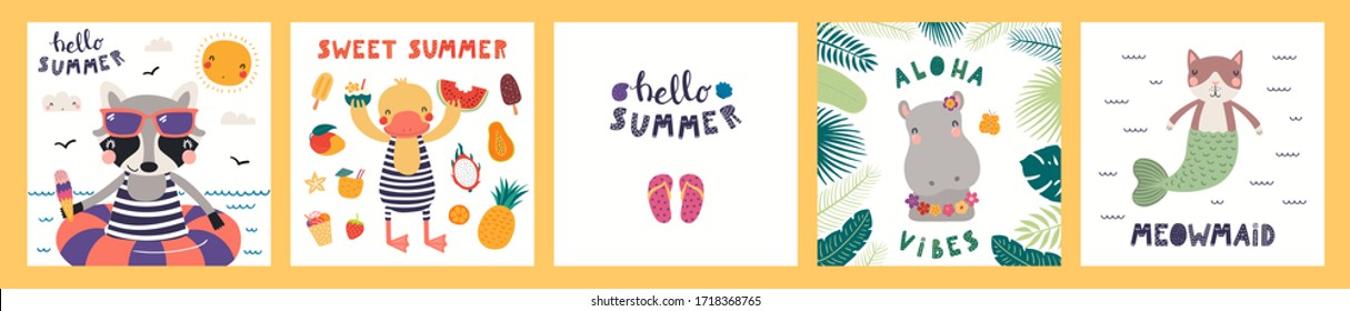 Collection of cards, posters with cute funny animals doing summer activities, text. Hand drawn vector illustration. Scandinavian style flat design. Concept for children holidays print, invite, banner.