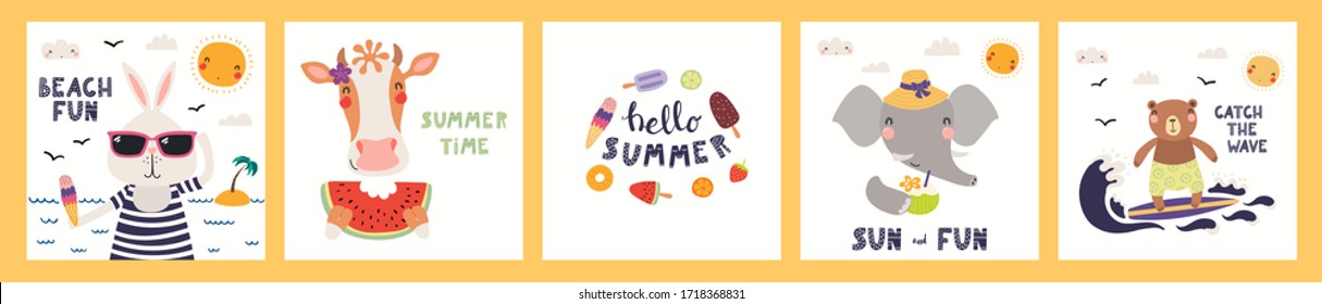 Collection of cards, posters with cute funny animals doing summer activities, text. Hand drawn vector illustration. Scandinavian style flat design. Concept for children holidays print, invite, banner.