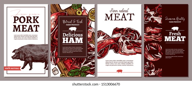 Collection of cards, posters, labels or tags for meat farm natural products. Templates with jamon, ham, fresh pork and pig. Trendy design with sketch illustrations
