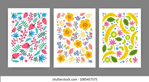 Collection of cards, posters or vertical background templates decorated with summer blooming flowers, leaves, exotic tropical fruits, berries. Bright colored flat cartoon vector illustration