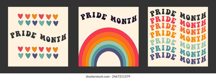Colección de tarjetas para la celebración del mes del orgullo, desfile gay, ilustración de Vector en estilo retro groovy