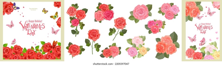 Collection of cards with roses flower. Valentine day with flying butterflies and hearts in a blossom frame. A ladybug on a leaf. Set of isolated flowers with stems and leaves, blooming pink bouquets
