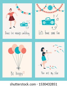 Collection of cards. Set with balloons, dancing girl, singing girl, balloons.Perfect for postcards. Vector illustration.