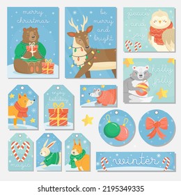 Collection of cards, tags, postcards, labels for New Year and Christmas with cute forest animals in cartoon style. Vector concept illustration.