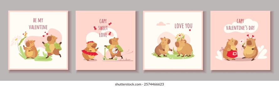 Collection of cards for Valentine's day with capybaras. Happy cute rodents with love emotions Colorful flat vector templates for social media post, online advertising, flyer, invitation square design