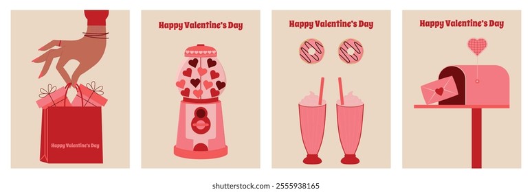Collection of cards for Valentine's Day. Cute sale flyer template, poster, label, advertisement, cover, banner design set. Bright fashionable style. Vector illustration.