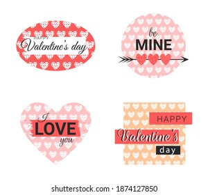 Collection of cards for Valentines day for lovers. Postcards with hearts and lettering on a pink background. Romantic stickers and symbols in modern flat style. Vector stock illustration