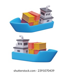 Collection with cargo boats in different positions. Ship transports different containers. Industrial export and import business and commercial delivery. Vector illustration in 3d style