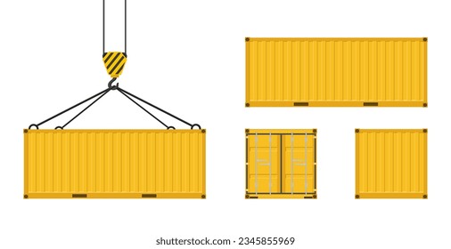 Recogida de contenedores de carga de diferentes lados. Contenedor de carga amarillo. Contenedor colgado en un gancho de grúa	