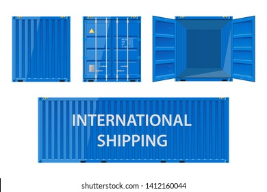 Collection of cargo containers in blue. Cargo shipping container for the transport of international cargo. Shipping container for logistics and transportation. Vector Illustration.