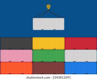 Sammlung von Frachtcontainern in verschiedenen Farben. Container, der an einem Kranhaken hängt. Flaches Design.	
