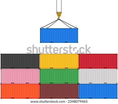 Collection of cargo containers in different colors. Container hanging on a crane hook. Flat design. White background.	
