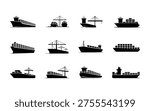 Collection of cargo ship silhouettes in various styles and configurations on white background