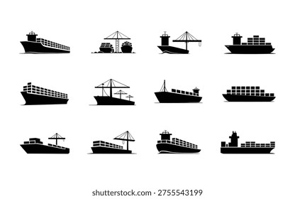 Collection of cargo ship silhouettes in various styles and configurations on white background