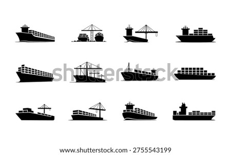 Collection of cargo ship silhouettes in various styles and configurations on white background
