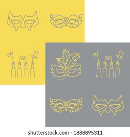 Collection of carnival mask icons isolated on a contrasting background. Yellow and gray superman, costume, Mardi Gras  masks  vector outline icons set 